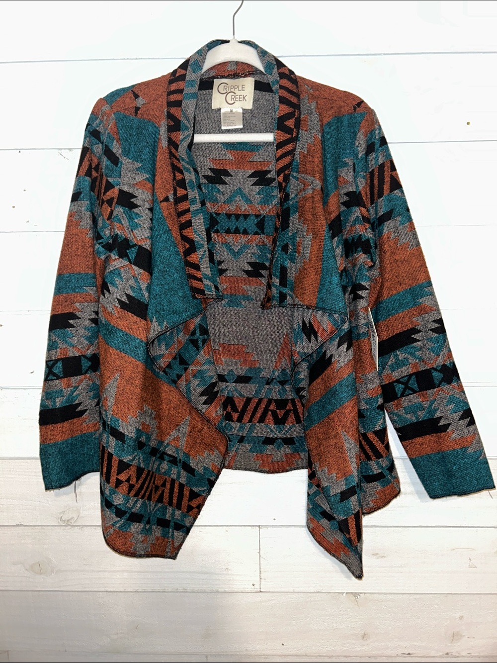 Cripple Creek Aztec Women's Teal & Rust Aztec Open Cardigan